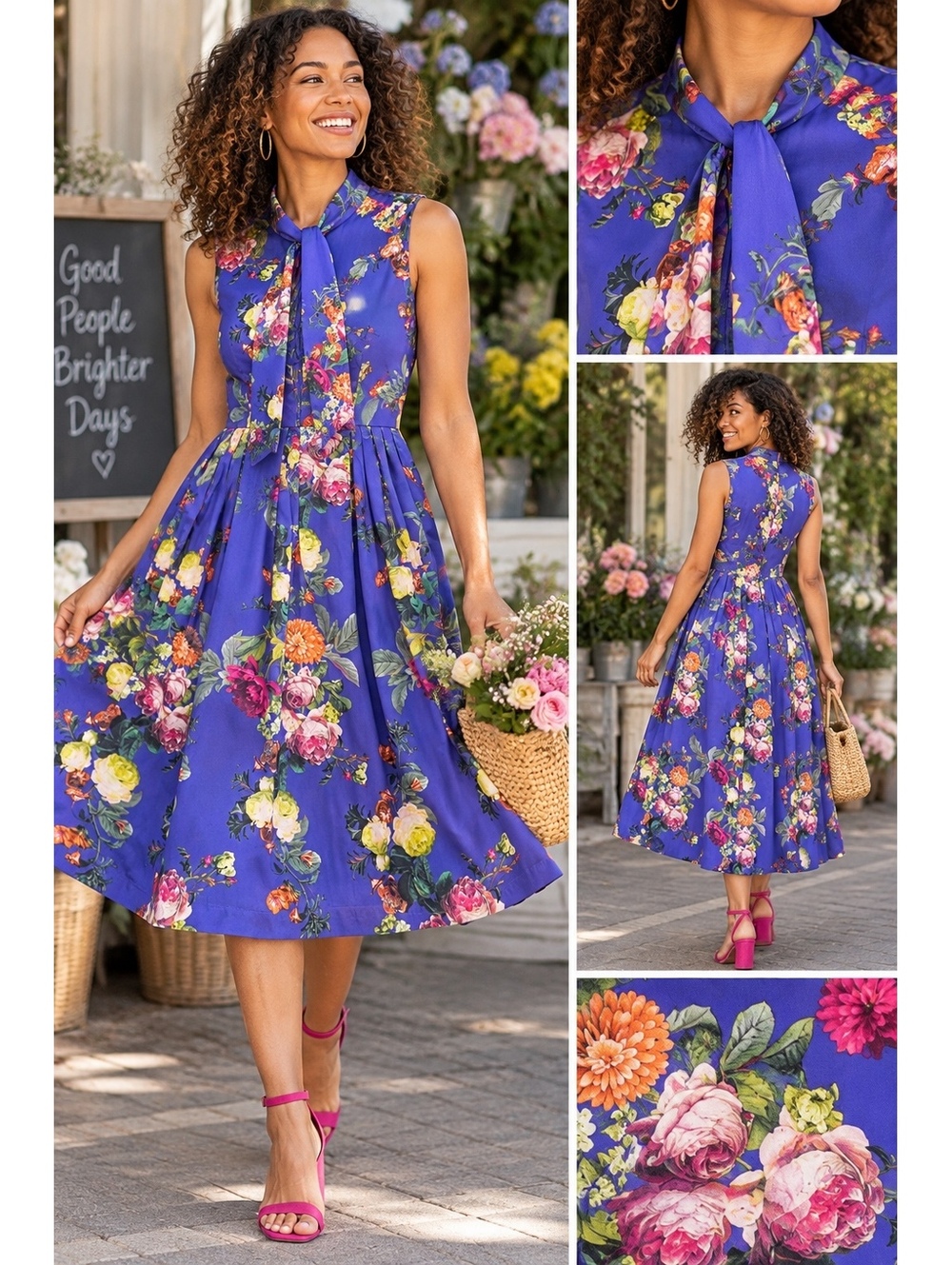 Bea & Dot by ModCloth Purple Floral Midi Dress with Tie Neck, Size M